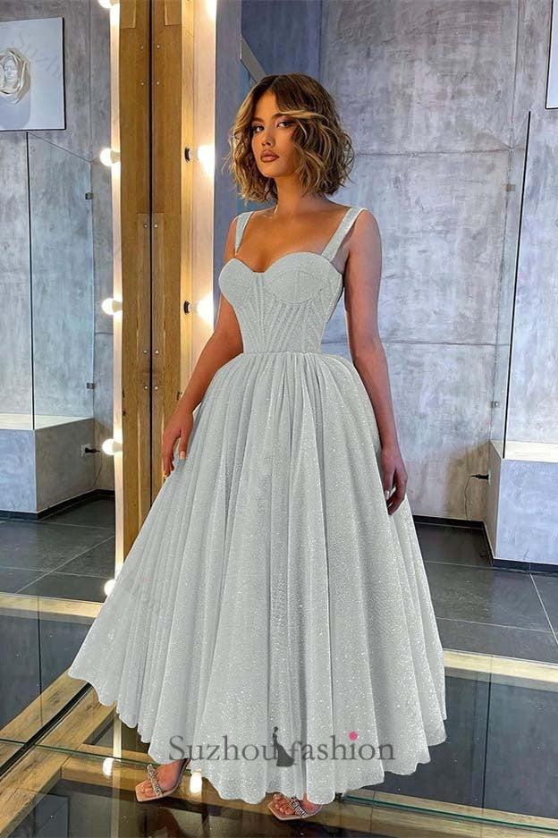 Shinning Straps Sweetheart Evening Prom Dress Sequined Tea Length Formal Dress