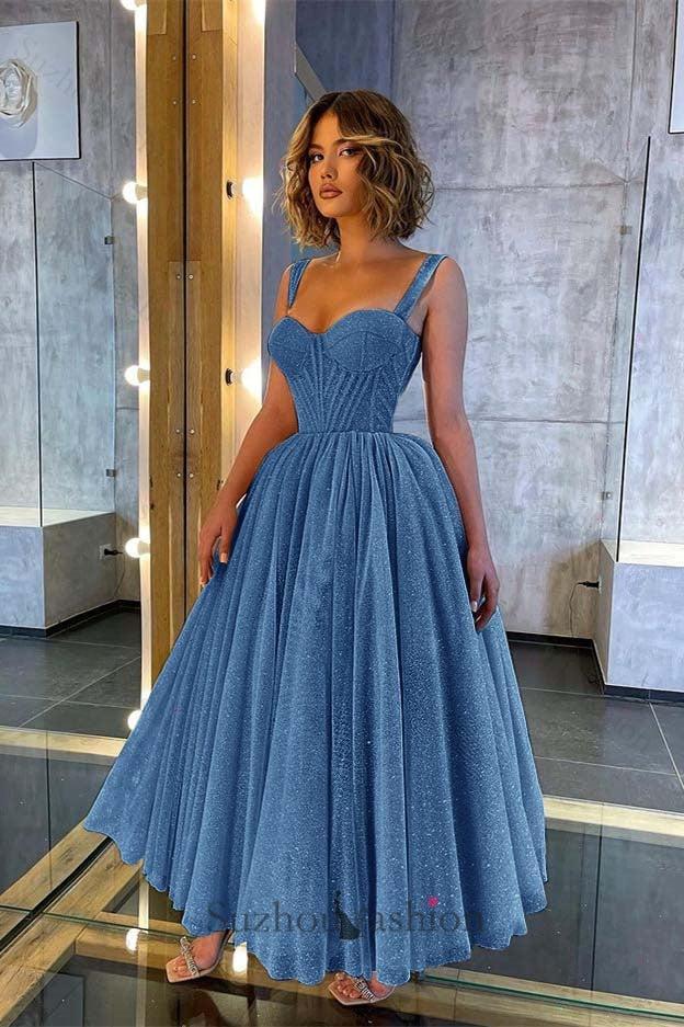 Shinning Straps Sweetheart Evening Prom Dress Sequined Tea Length Formal Dress
