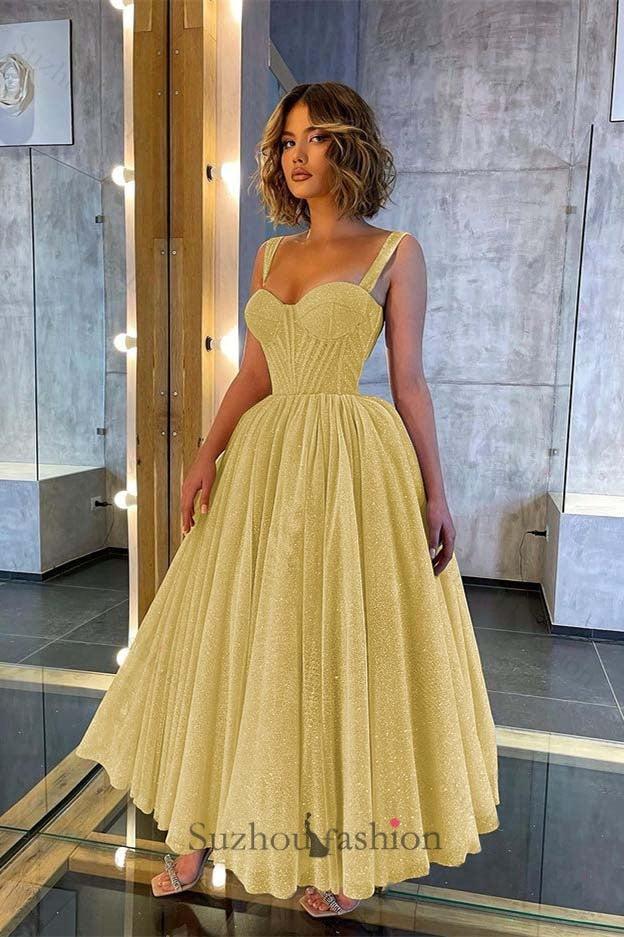 Shinning Straps Sweetheart Evening Prom Dress Sequined Tea Length Formal Dress