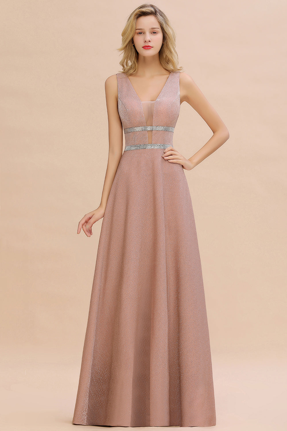 Shinning V-Neck Sleeveless Long Prom Dress With Zipper Back