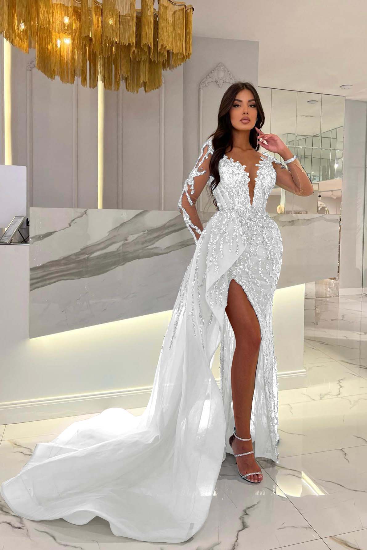 Shiny Blue Prom Dress Split Long Sleeves Mermaid Beaded Evening Formal Dress Appliques Tulle