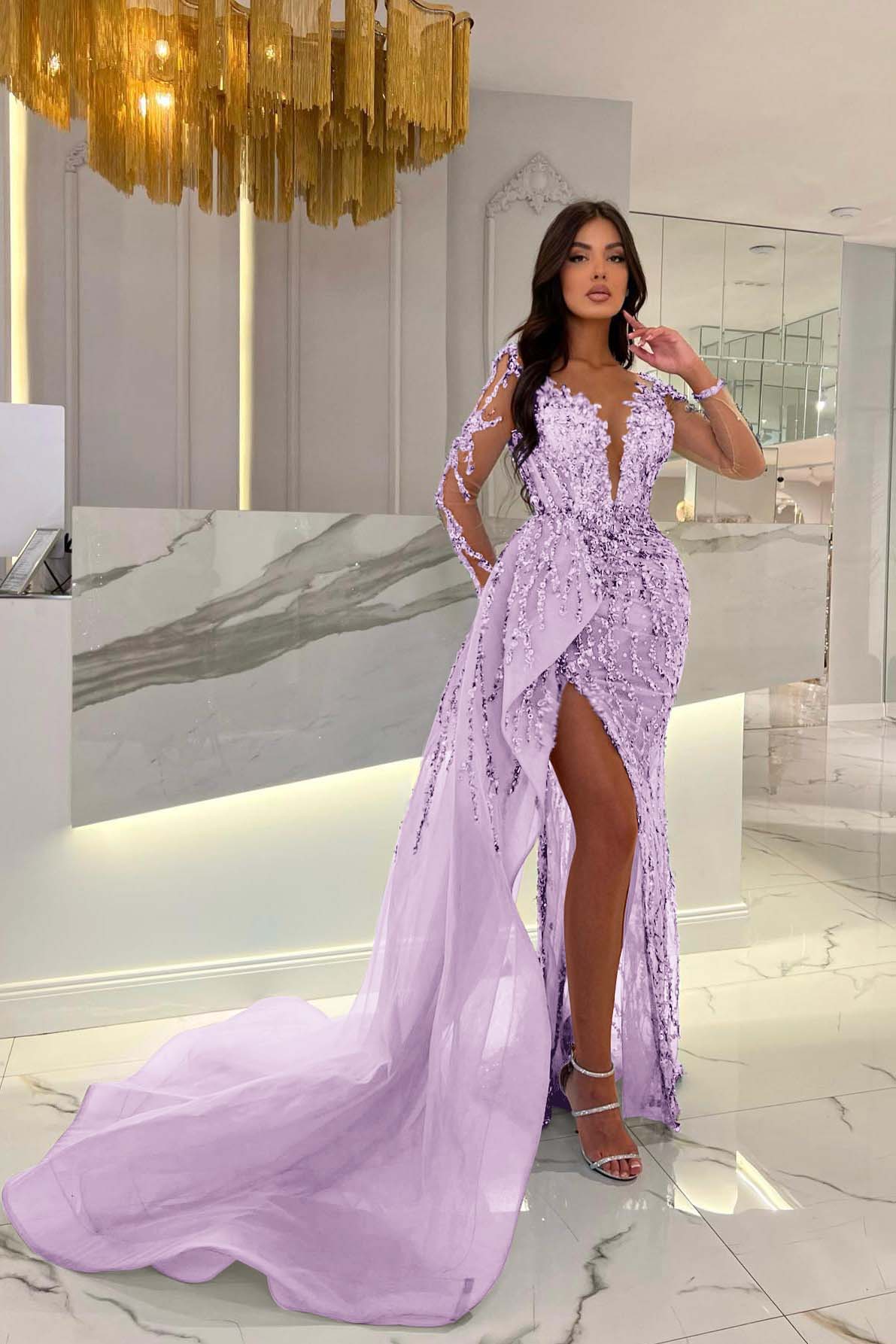 Shiny Blue Prom Dress Split Long Sleeves Mermaid Beaded Evening Formal Dress Appliques Tulle