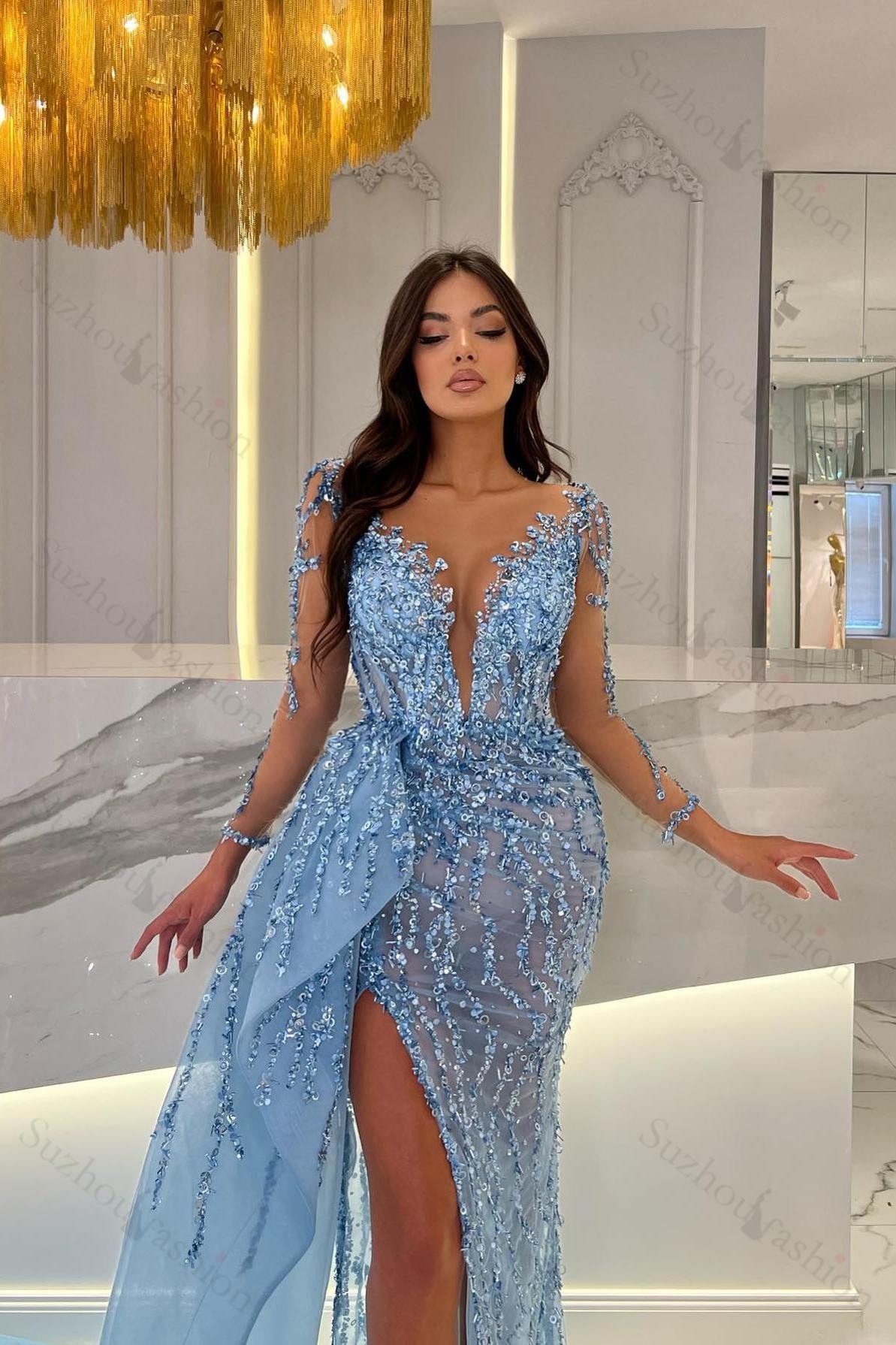 Shiny Blue Prom Dress Split Long Sleeves Mermaid Beaded Evening Formal Dress Appliques Tulle