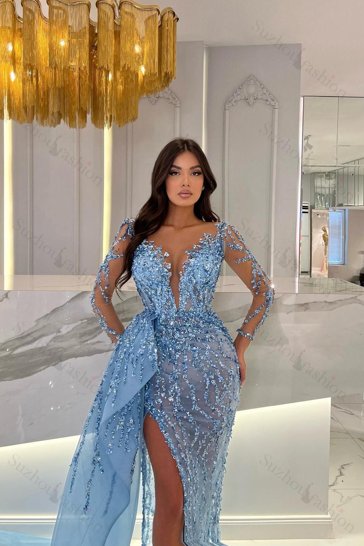 Shiny Blue Prom Dress Split Long Sleeves Mermaid Beaded Evening Formal Dress Appliques Tulle