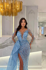 Shiny Blue Prom Dress Split Long Sleeves Mermaid Beaded Evening Formal Dress Appliques Tulle