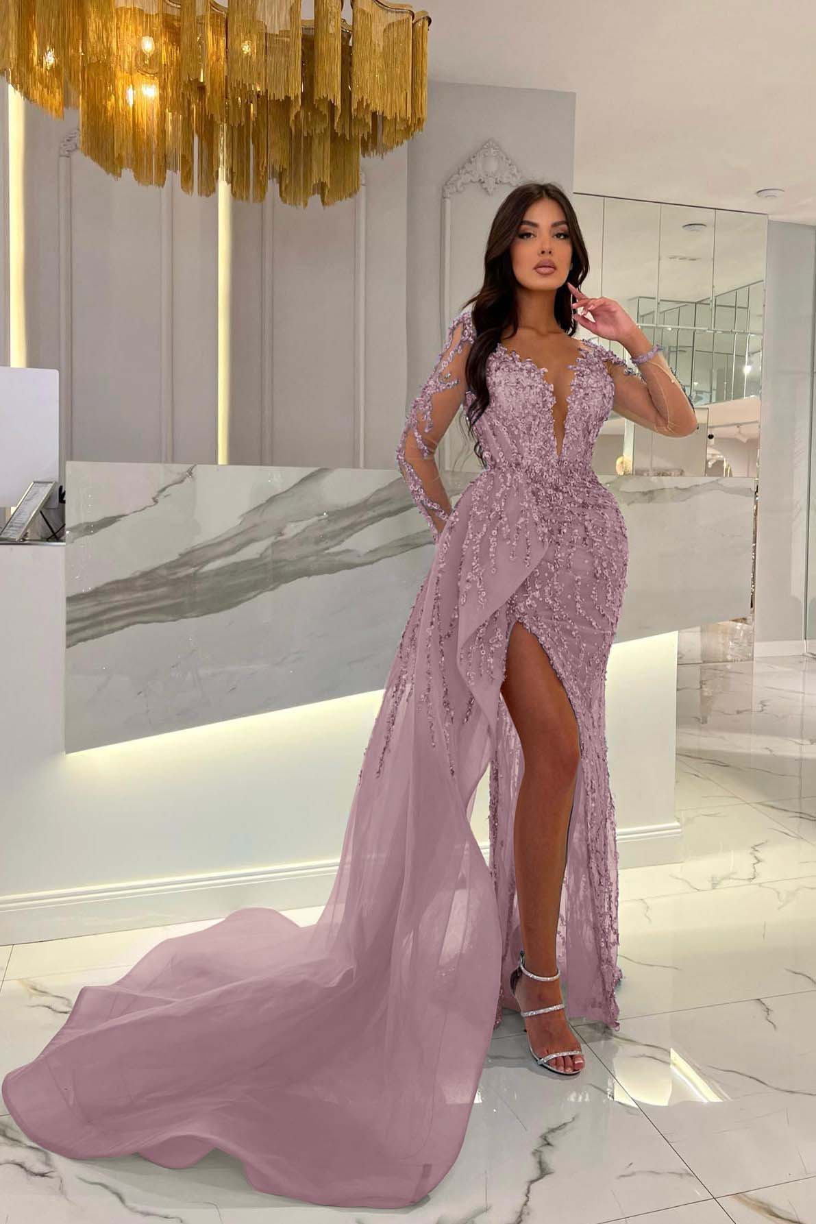 Shiny Blue Prom Dress Split Long Sleeves Mermaid Beaded Evening Formal Dress Appliques Tulle