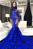 Shiny Sequins Blue Flowers Mermaid Prom Dresses | Appliques High Neck Long Sleeve Evening Gowns