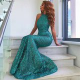 Shiny Turquoise Sequinned Beads Prom Dress | Long Sleeve Mermaid Sexy Evening Dress
