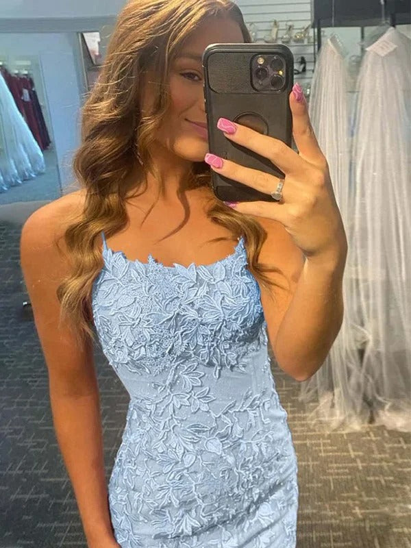 Short Column Blue Lace Spaghetti Straps Sleeveless Prom Dresses