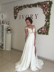 Short Sleeve A-Line Chiffon Summer Wedding Dresses Split Lace Applique Beach Bridal Gowns BA3033