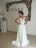 Short Sleeve A-Line Chiffon Summer Wedding Dresses Split Lace Applique Beach Bridal Gowns BA3033