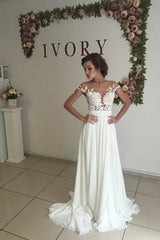 Short Sleeve A-Line Chiffon Summer Wedding Dresses Split Lace Applique Beach Bridal Gowns BA3033