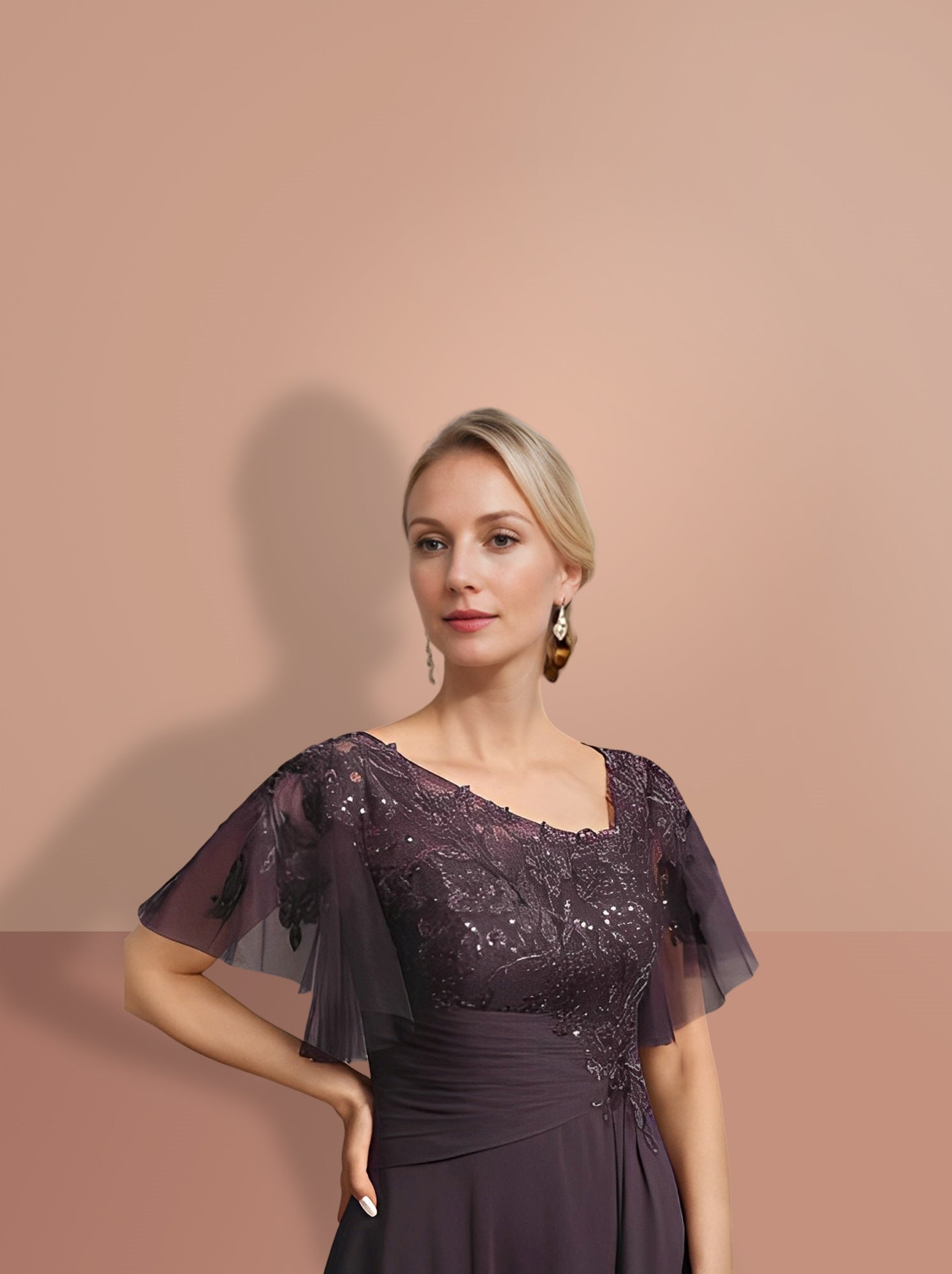 Short Sleeve A Line Mother of the Bride Dress with Asymmetrical Design