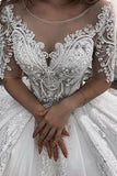Short Sleeve Appliques Sheer Tulle Ball Gown Wedding Dress