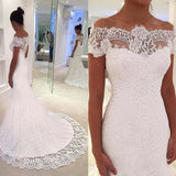 Short Sleeve Full Lace Wedding Dresses | Off The Shoulder Sheath Bridal Gowns with Court Train