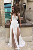 Short Sleeve Lace Appliques Chiffon Elegant Front Split A line Prom Dress