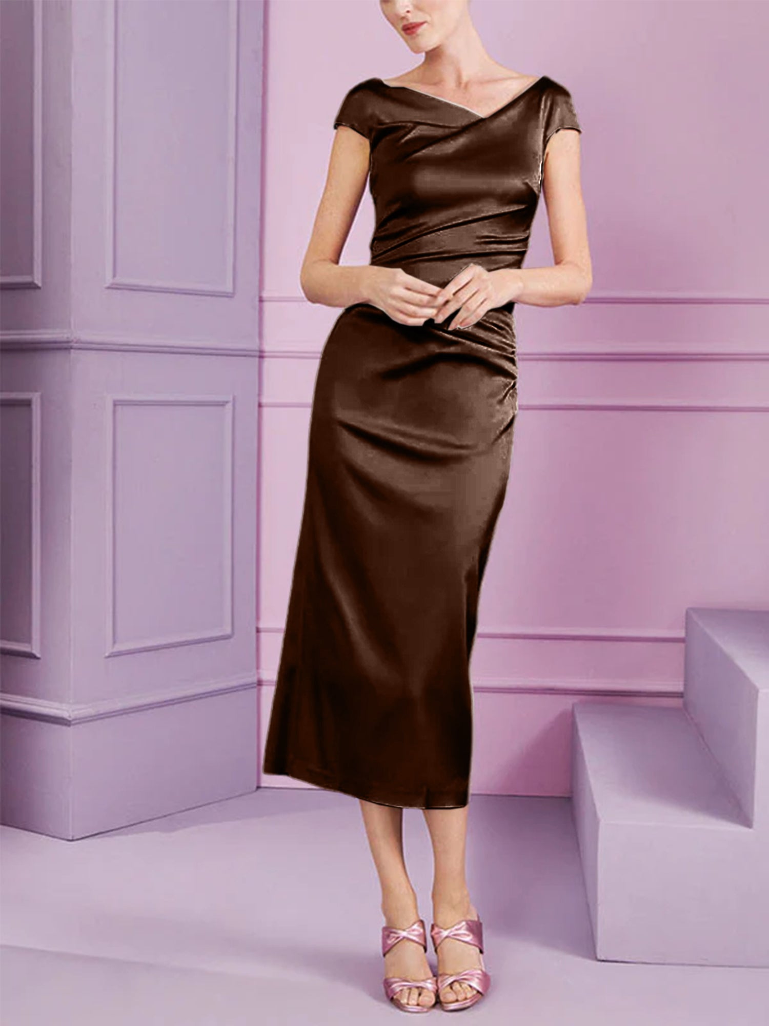 Short Sleeve Tea Length Cowl Neck Sheath Dress with Ruffles for the Mother of the Bride