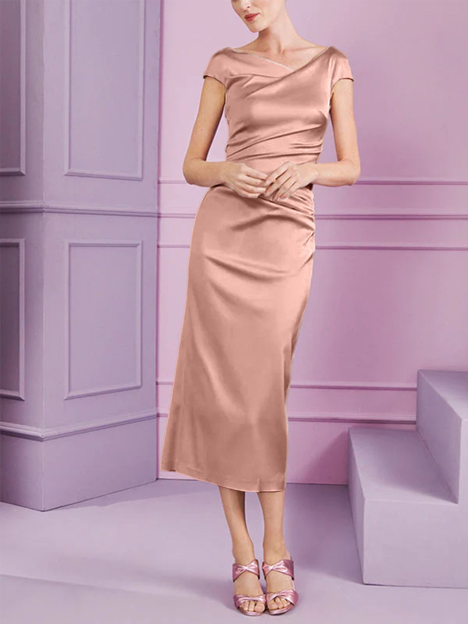 Short Sleeve Tea Length Cowl Neck Sheath Dress with Ruffles for the Mother of the Bride