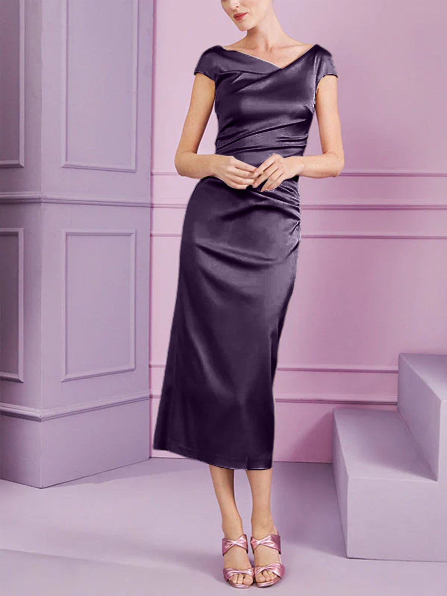Short Sleeve Tea Length Cowl Neck Sheath Dress with Ruffles for the Mother of the Bride