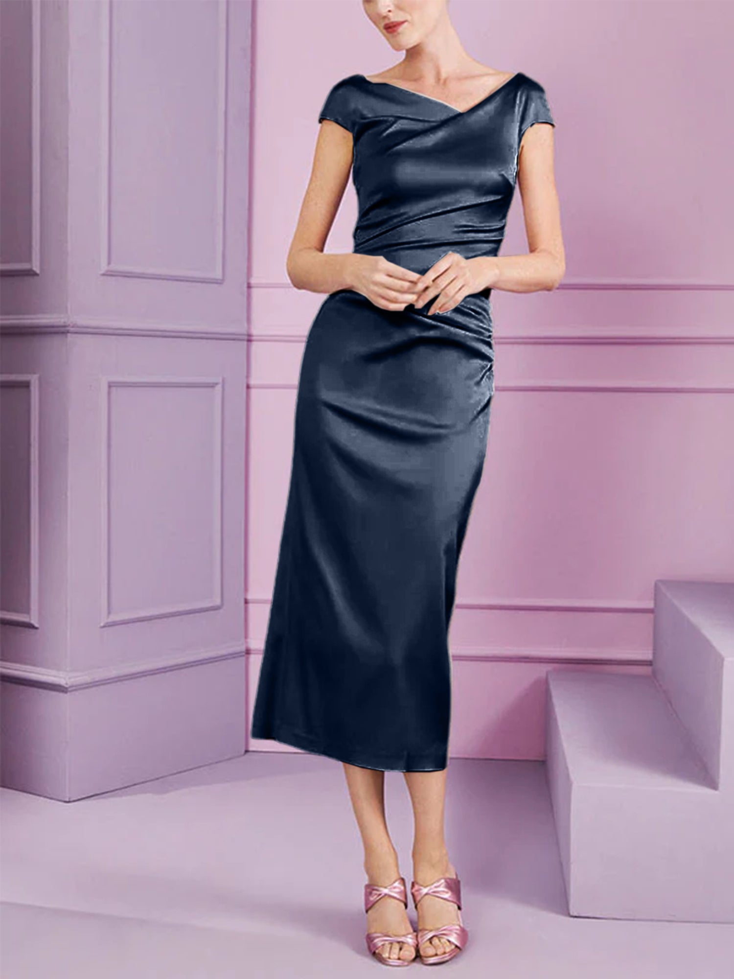 Short Sleeve Tea Length Cowl Neck Sheath Dress with Ruffles for the Mother of the Bride