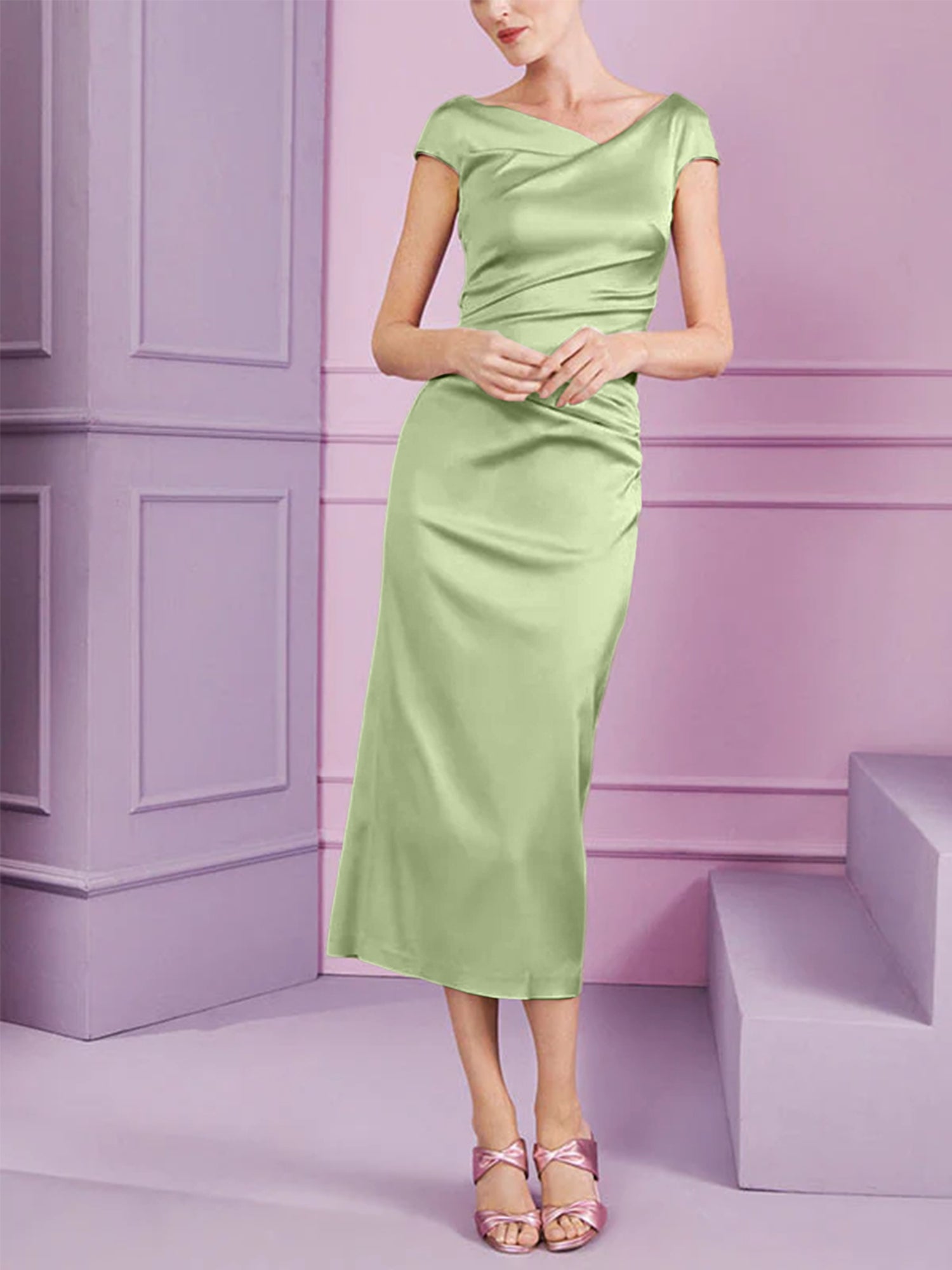 Short Sleeve Tea Length Cowl Neck Sheath Dress with Ruffles for the Mother of the Bride