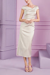 Short Sleeve Tea Length Cowl Neck Sheath Dress with Ruffles for the Mother of the Bride