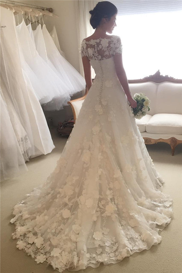 Short Sleeves A-line Flowers Wedding Dresses Appliques Princess Bride Dress