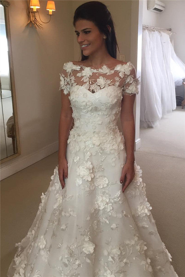open lace back dress Short Sleeves A-Line Flowers Wedding Dresses Appliques Princess Bride Dress