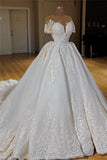 Short Sleeves Lace Appliques Wedding Dresses  | Ball Gown Chapel Train Princess Bridal Gowns