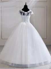 Short Sleeves Sweetheart Tulle White Lace Appliques Ball Gown Wedding Dresses