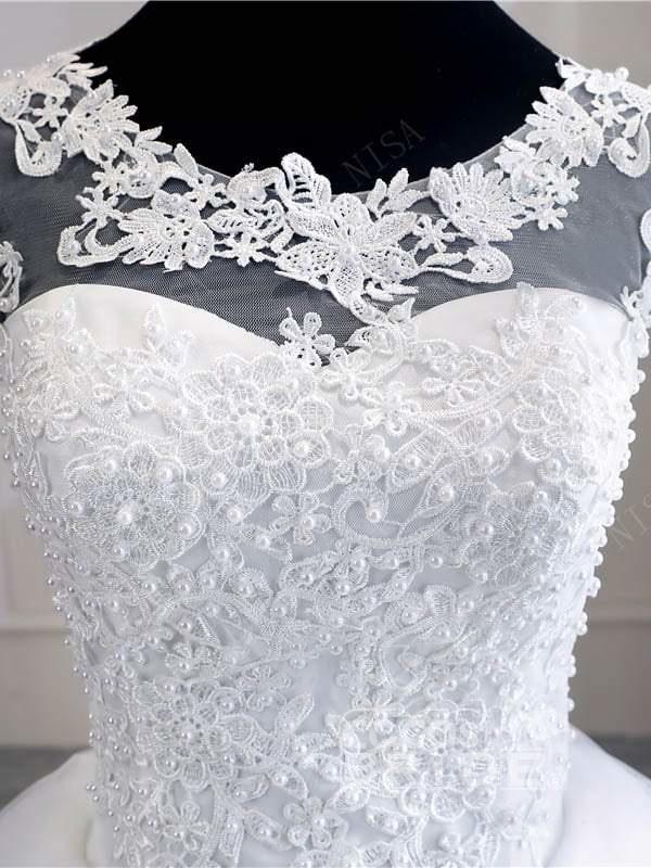 Short Sleeves Sweetheart Tulle White Lace Appliques Ball Gown Wedding Dresses