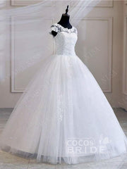 Short Sleeves Sweetheart Tulle White Lace Appliques Ball Gown Wedding Dresses