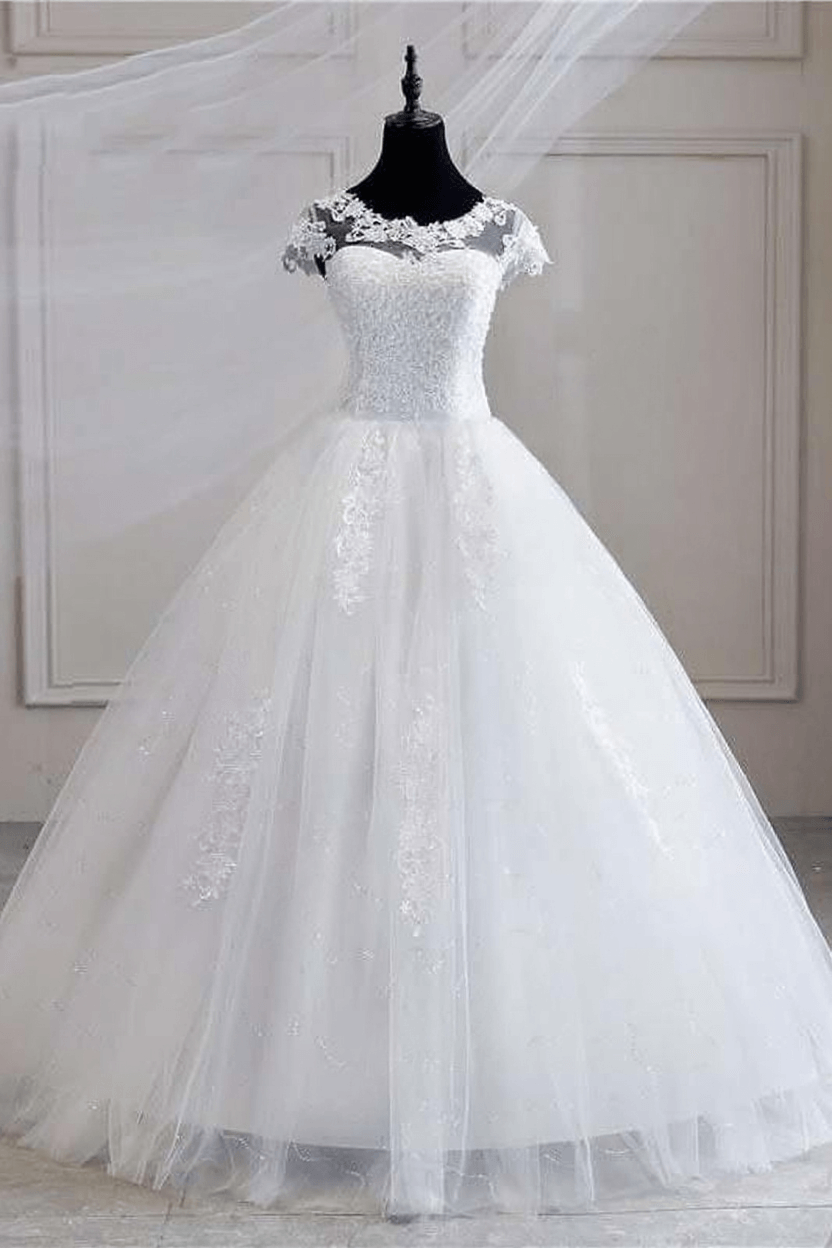Short Sleeves Sweetheart Tulle White Lace Appliques Ball Gown Wedding Dresses