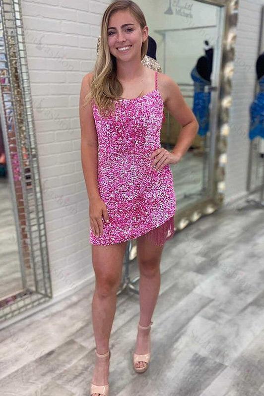 Short Spaghetti Straps Homecoming Dress Sleeveless Sequined Cocktail Dresses