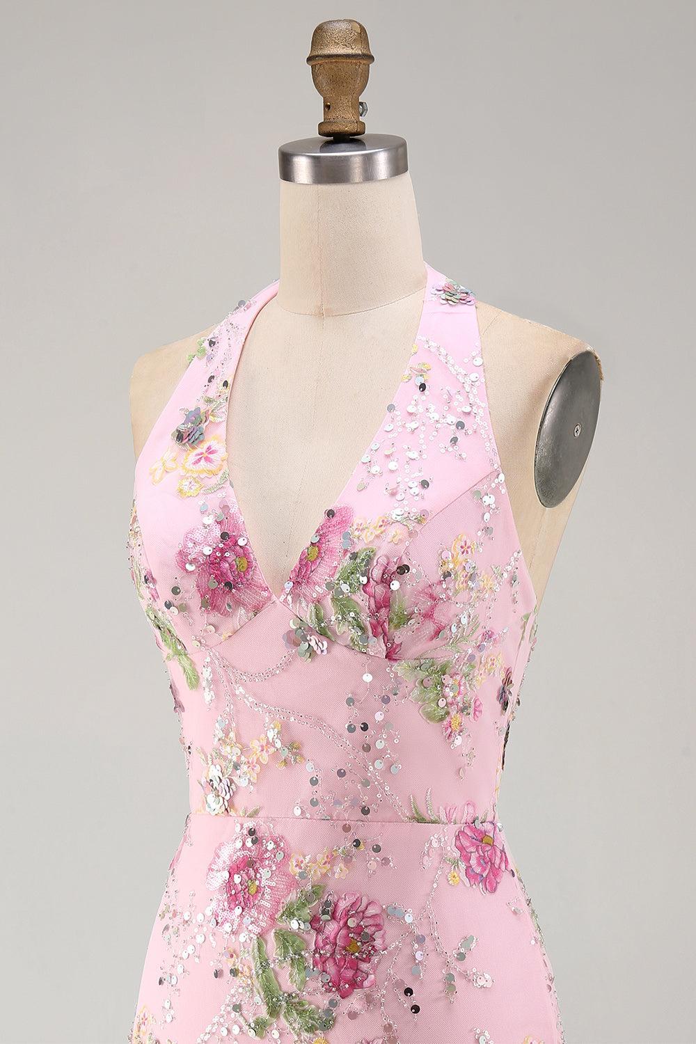 Short Sparkly Pink Halter Beaded Floral Tight Backless Homecoming Dress