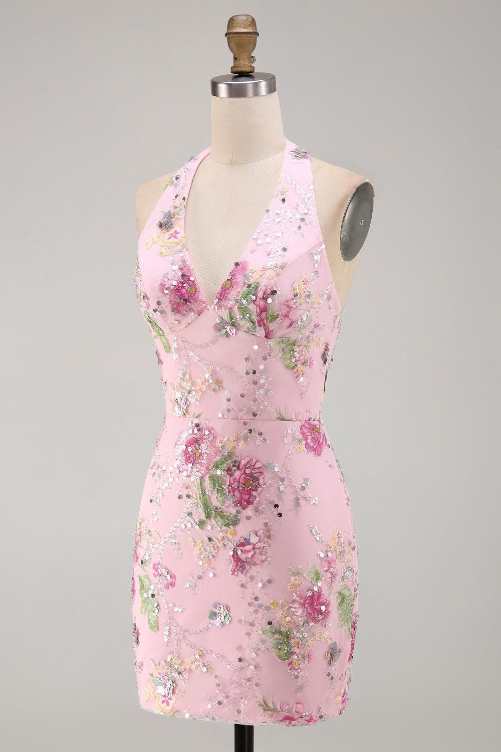 Short Sparkly Pink Halter Beaded Floral Tight Backless Homecoming Dress