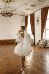 Short White Beach Wedding Dress Off The Shoulder Tulle Glitter Bridal Gown With Sleeves