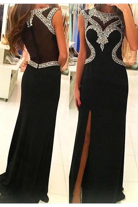 Side Slit Crystal Sheath Black Sleeveless Evening Gown Glamorous Prom Dress