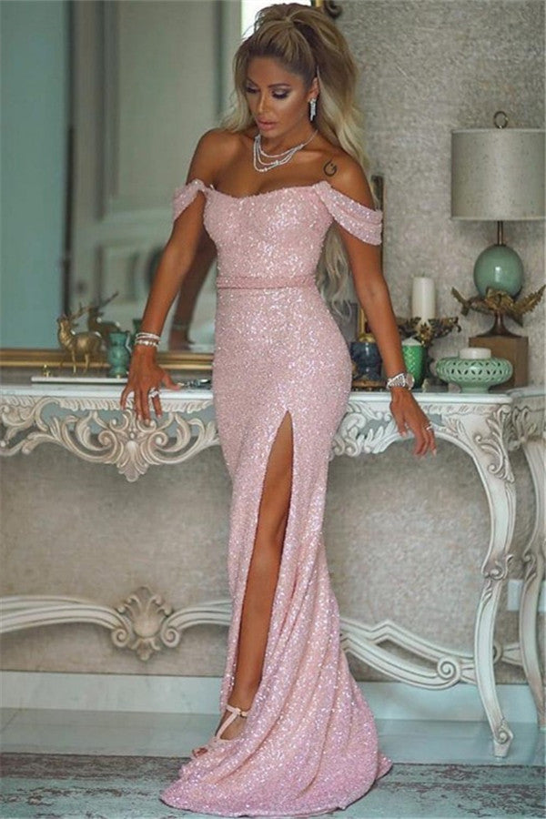 Side-slit Sheath Beading Floor-length Sequin Off-the-shoulder Pink Sash Prom Dress