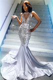 Silver Beads Sequins Sexy Prom Dresses | Sleeveless Crystals Mermaid Evening Gowns bc3421