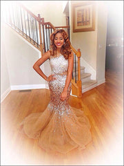 Silver Crystals Champagne Tulle Mermaid Prom Dresses Sexy Evening Gowns BA4786