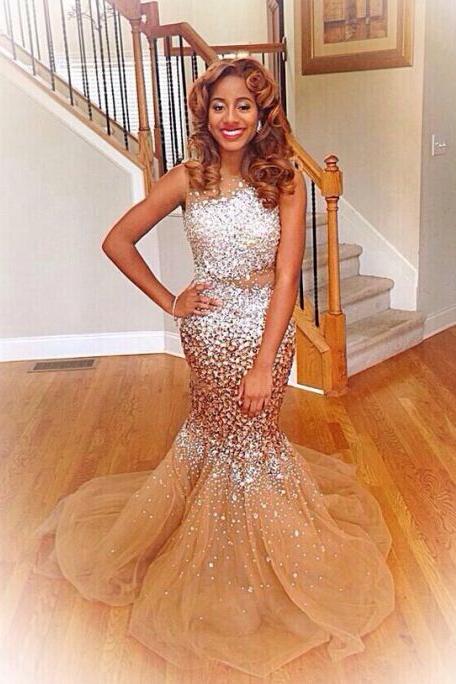 Silver Crystals Champagne Tulle Mermaid Prom Dresses Sexy Evening Gowns BA4786