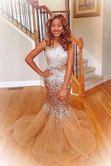 Silver Crystals Champagne Tulle Mermaid Prom Dresses Sexy Evening Gowns BA4786