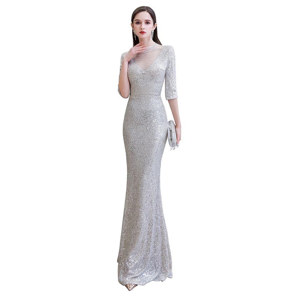 Silver Half Sleeve Sequins Prom Dress | Mermaid Long Evening Gowns