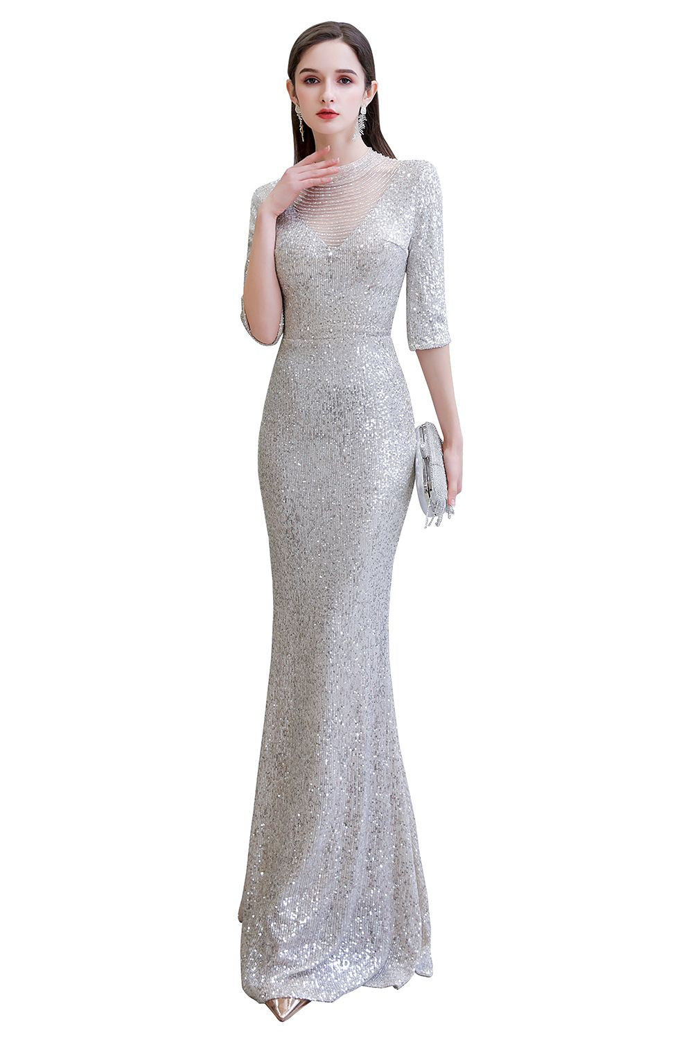 Silver Half Sleeve Sequins Prom Dress | Mermaid Long Evening Gowns