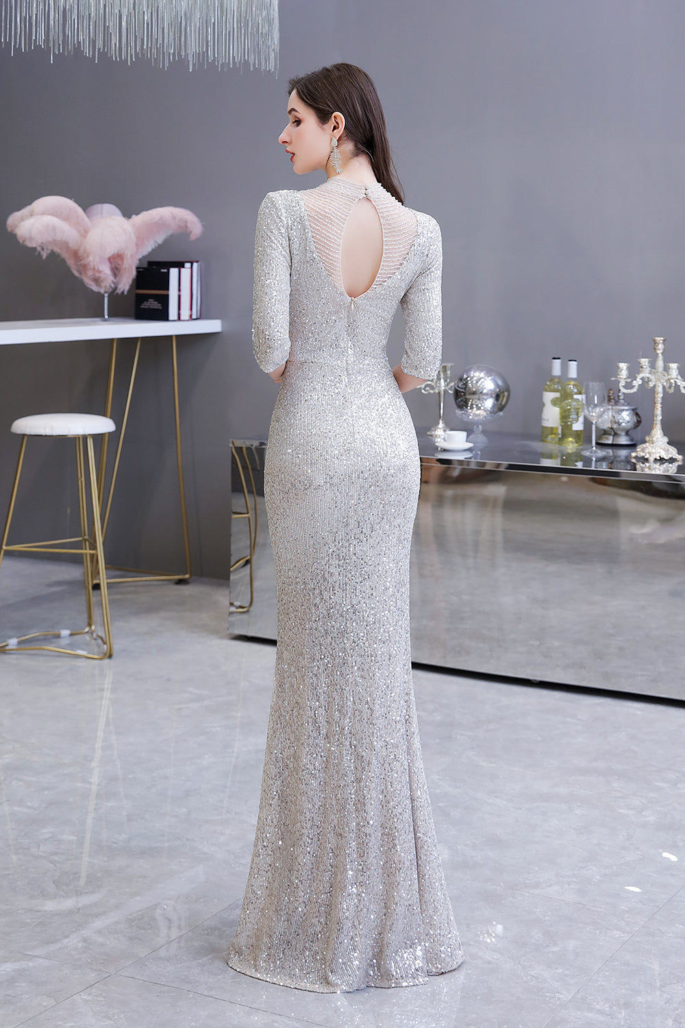 Silver Half Sleeve Sequins Prom Dress | Mermaid Long Evening Gowns