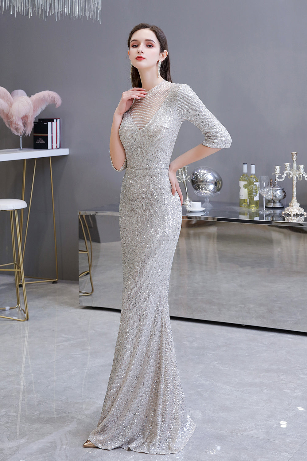 Silver Half Sleeve Sequins Prom Dress | Mermaid Long Evening Gowns