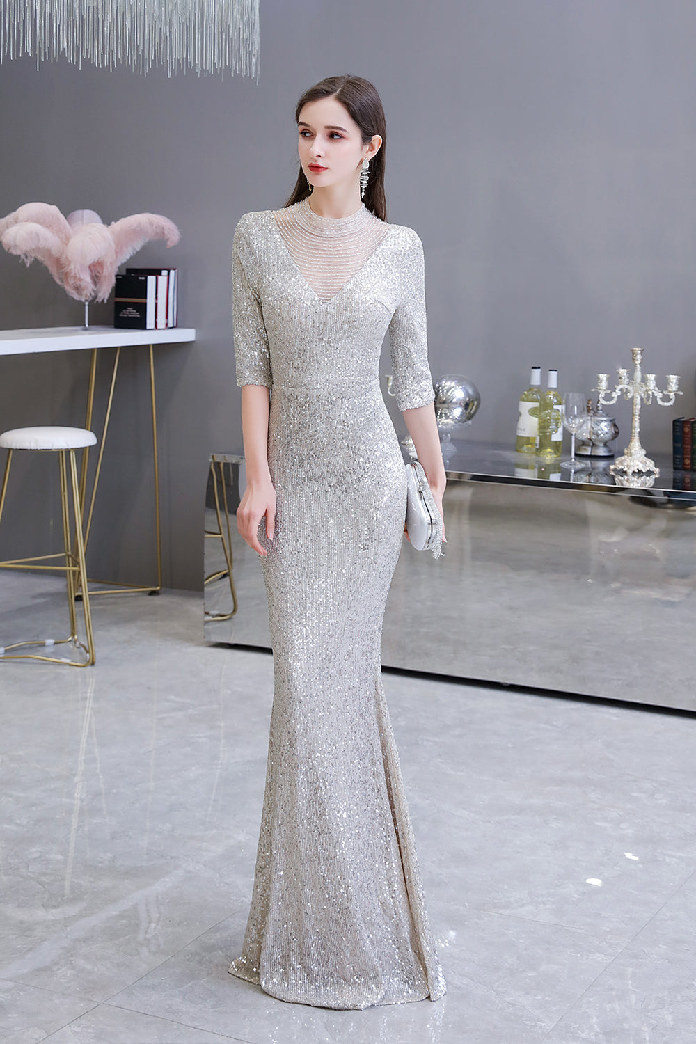 Silver Half Sleeve Sequins Prom Dress | Mermaid Long Evening Gowns