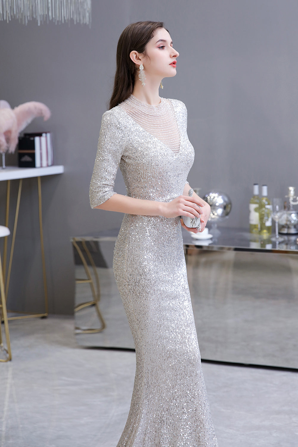 Silver Half Sleeve Sequins Prom Dress | Mermaid Long Evening Gowns