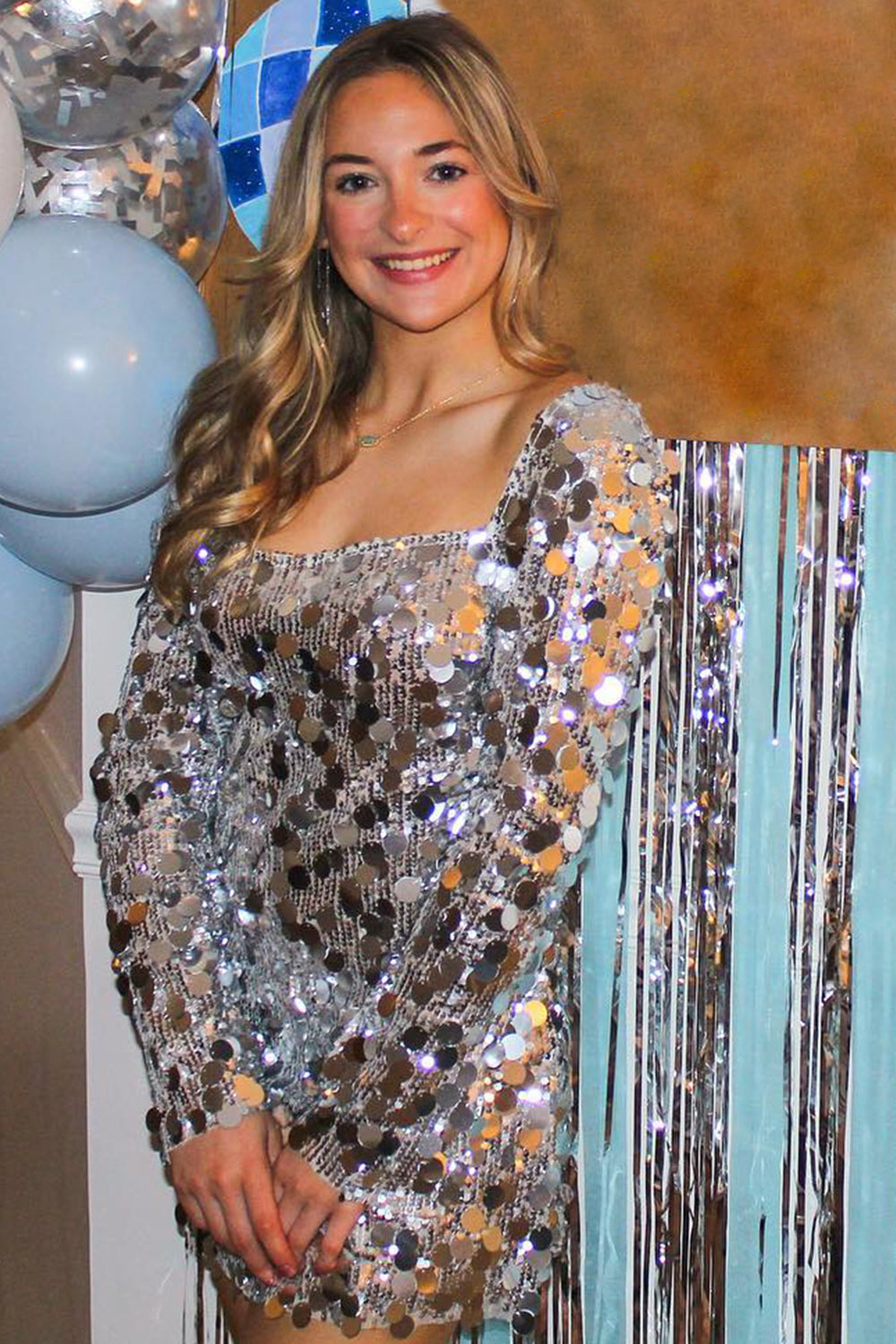 Silver Homecoming Dresses Long Sleeves Short Cocktail Dresses